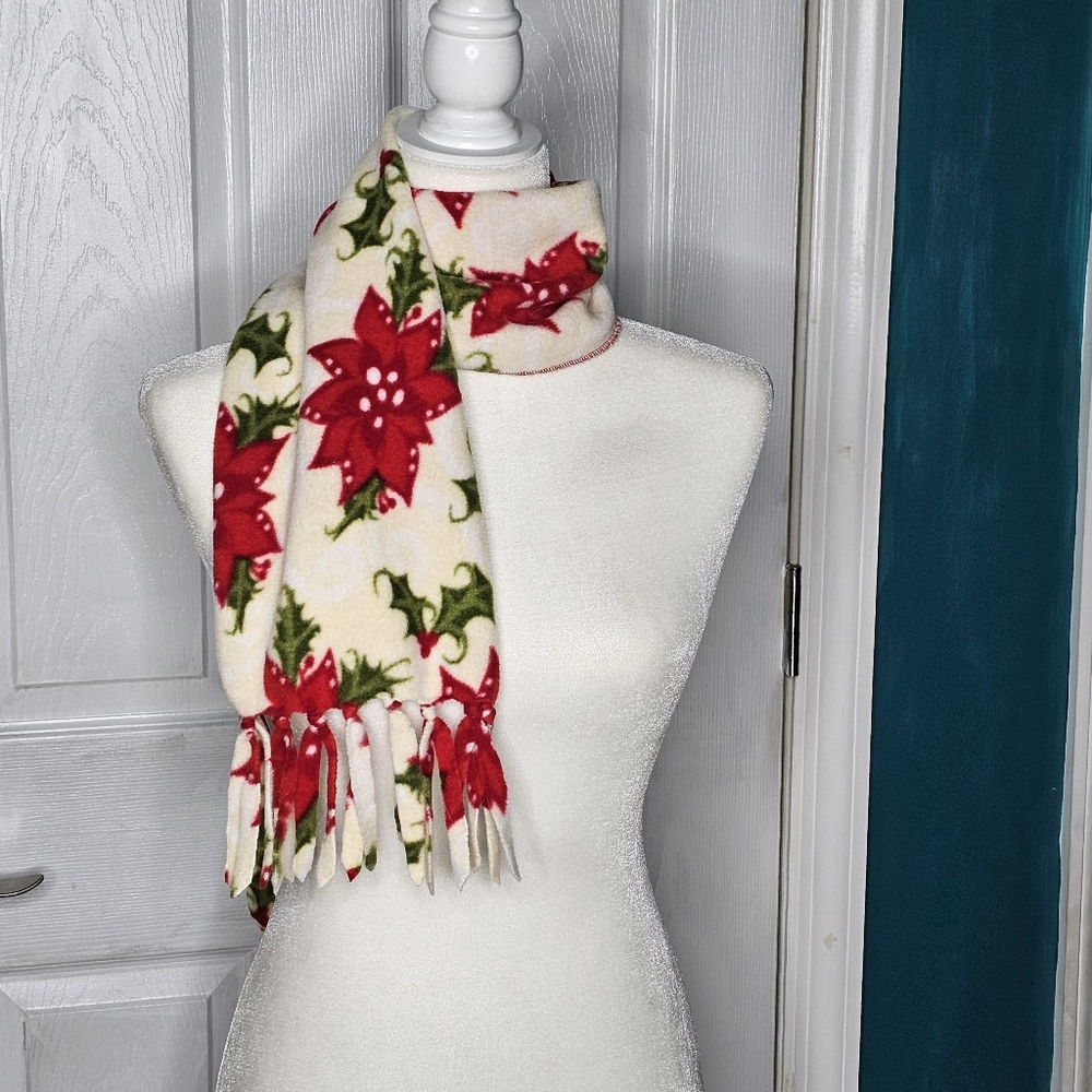Red Poinsettia Handmade Fleece and Green Floral Scarf With Tassels